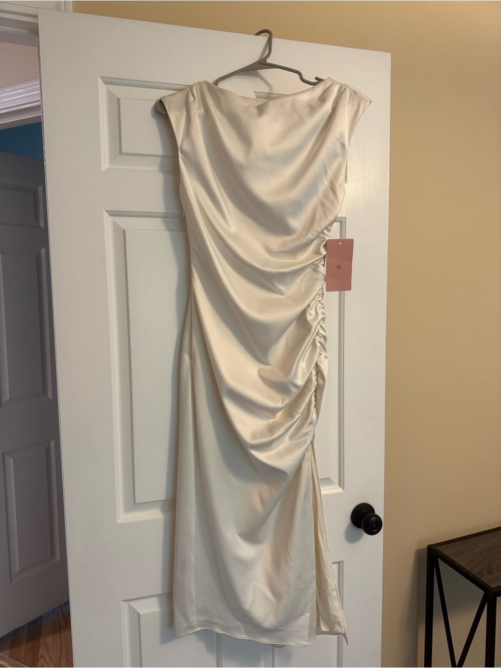 BHLDN Champagne One-Shoulder Satin Ruched Midi Dress